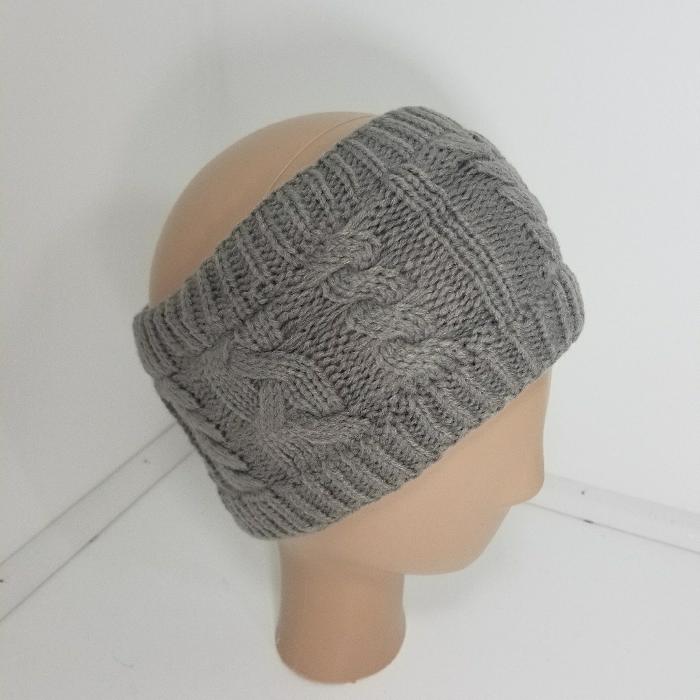 Headband Beanie with open slot hand knitted Gray